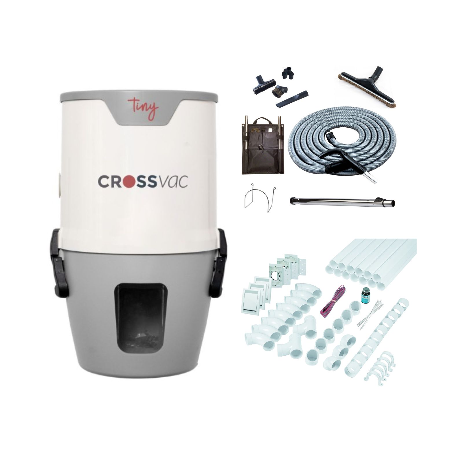 Set aspirapolvere centralizzato Tiny con set tubi flessibili, 3 prese di aspirazione e materiale di installazione